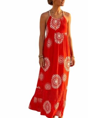 ROXY Red White Floral Sunflower Flower Summer Dress Shift Neck Tie Moo Moo Large